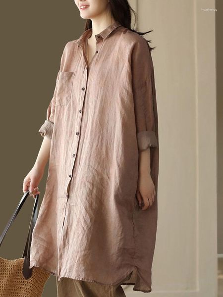 Blusas femininas 2023 verão roupas longas coreanas moda feminina solta camisas de linho mulher lapela casual harajuku clássico elegante cardigã