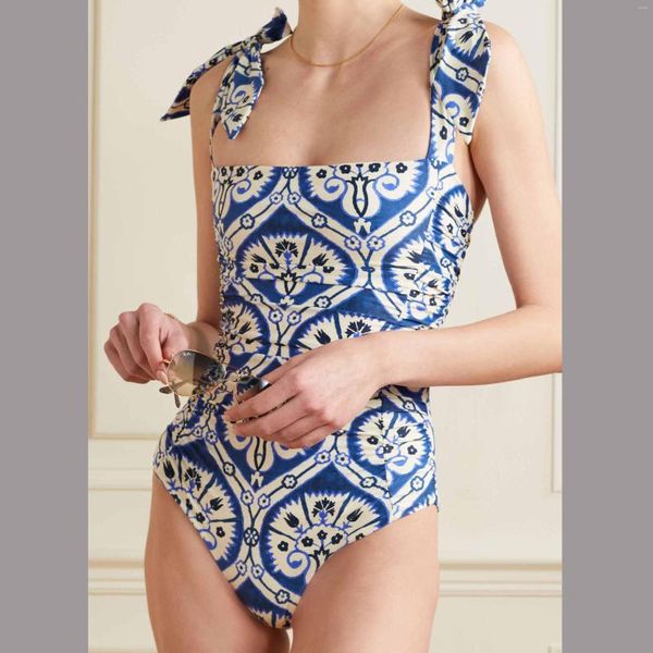 Conjunto de maiô feminino estampado vintage peça única decote quadrado estampado vestido de praia azul monoquíni sem costas