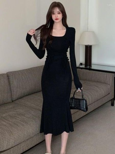 Günlük Elbiseler QWEEK İnce Siyah Bodycon Elbise Kadınlar Vintage Parti Akşam Şal Beraberlik Dize Katı Kare Yaka 2023 Moda Retro