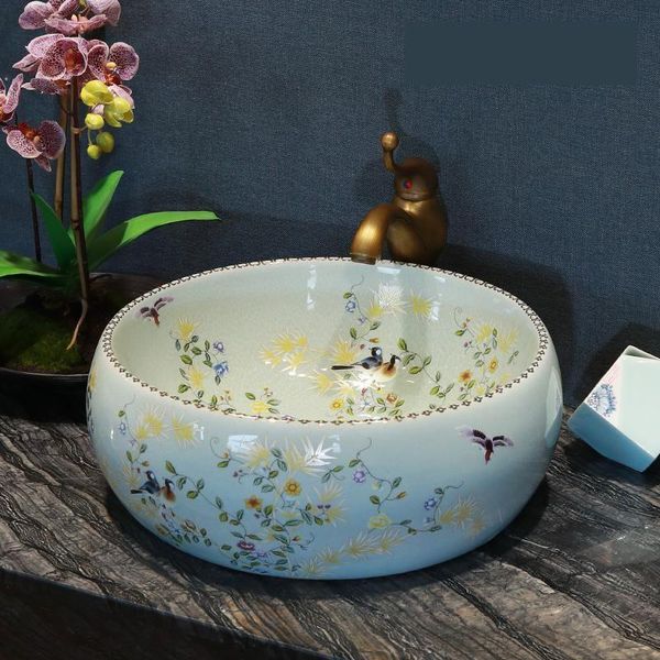 Fiore uccello Lavabo da appoggio Lavabo Guardaroba Dipinto a mano Lavandino da bagno Lavandino da bagno in ceramica modellata rotondo Vknbr