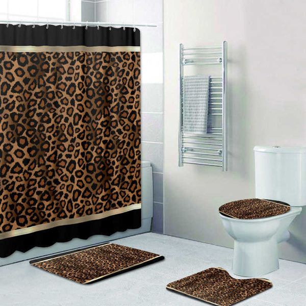 Duş Perdeleri Lüks Siyah Altın Leopar Desen Banyo Duş Perdesi Banyo için Set Hayvan Banyo Paspasları Kilimler Tuvalet Aksesuarları Ev DekorHKD230626
