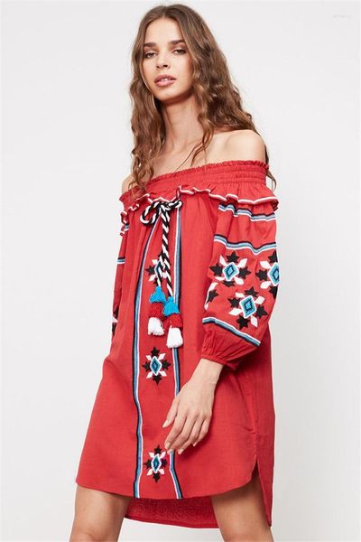 Lässige Kleider 2023 Canwedance Indie Folk Style Slash Neck Kurzes Kleid Stickerei Blumendesign Langarm Baumwolle Boho Chic