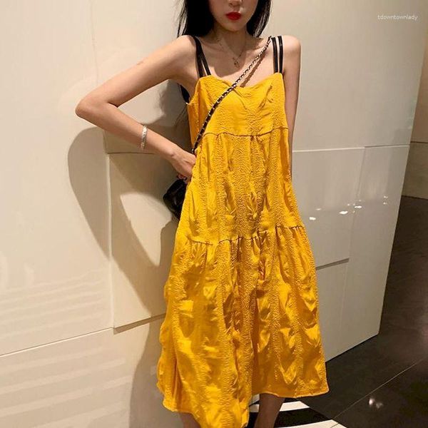 Günlük Elbiseler 2023 Yaz Kadın Elbise Kore Gevşek Sarı Sling Bellflower Etek Büyük Boy Vintage Gotik Elbise Kolsuz Katı