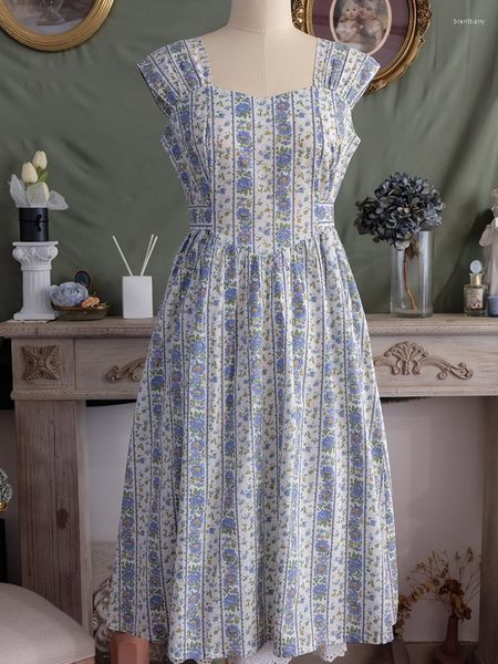 Vestidos casuais primavera verão feminino solto plus size estilo vintage elegante senhora romântico azul floral estampado feito à mão algodão sem mangas