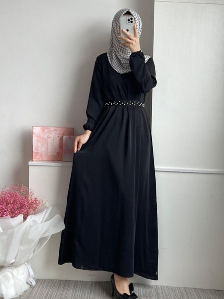 Vestuário étnico macio Oriente Médio Muçulmano Abaya Dubai Vestido Moda Feminina Cor Pura Long Nailed Pearl Hui Feminino