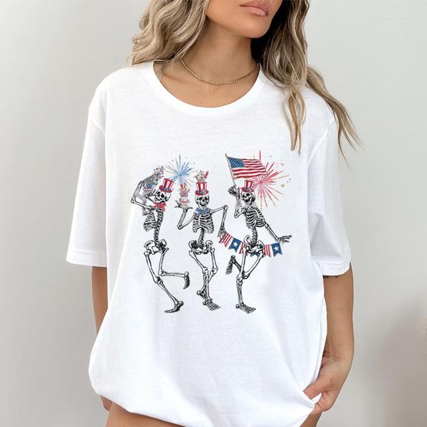 Damen-T-Shirts, Damen-Skelett, tanzende Sterne und Streifen, T-Shirts, kurzärmelig, lustige patriotische T-Shirts, amerikanische Flaggen-Shirt, 4. Juli-Oberteile