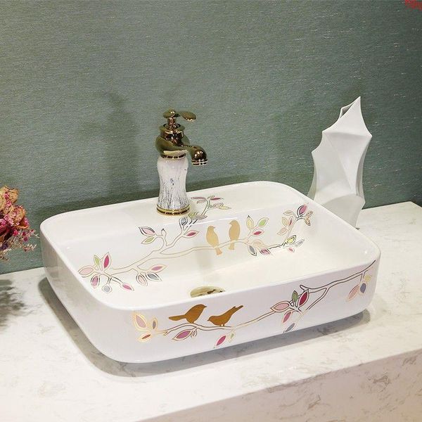 Роскошные туалетные столики в европейском стиле в китайском стиле Jingdezhen Art Counter Top, керамическая раковина для мытья волос, прямоугольная птица, хорошее количество, Jcnqb
