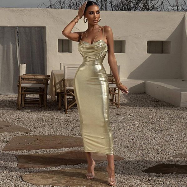 Casual Kleider Shiny Metallic Ärmelloses Kleid Frauen Sexy Spaghetti Strap Geraffte Bandage Mantel Sparkly Backless Abend Party Kleidung