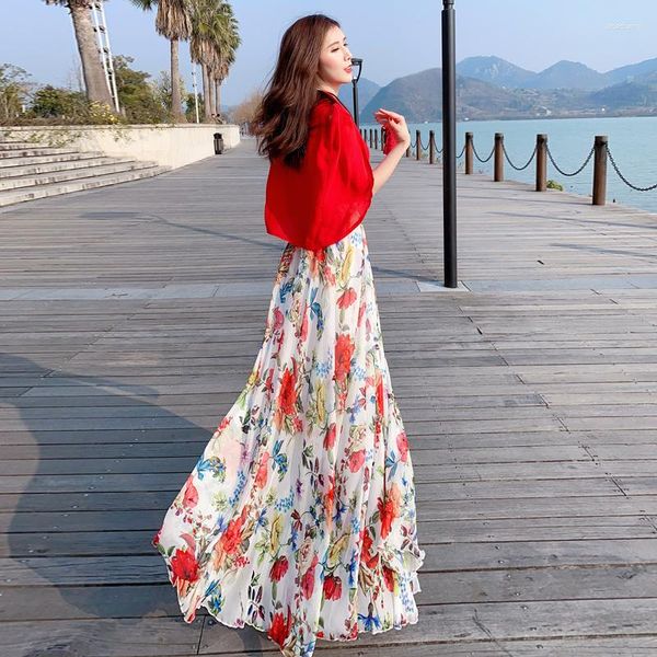 Saias Até o Chão Verão Longo Feminino Cintura Alta Estampado de Flores Bohemia Férias Férias Praia Elegante Coreano Maxi Saia Plus Size