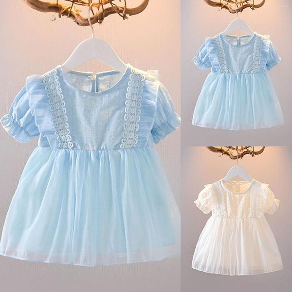 Mädchenkleider, Sommerkleid für kleine und mittelgroße Mädchen, einfarbig, modisch, kurze Puffärmel, Prinzessin