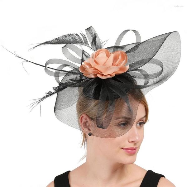 Boinas elegante preto grande fascinador chapéu feminino casamento malha chapelaria véu champanhe flor pena corridas chapéus para senhora formal