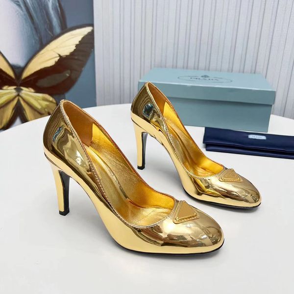 Sapatos de vestido de salto alto de couro espelhado dourado bombas sem cadarço salto agulha bico redondo dedo do pé redondo designer de luxo feminino vestido sapato festa à noite salto alto com caixa