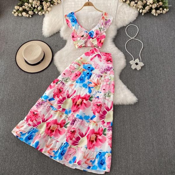 Vestidos casuais femininos vintage estampa floral conjuntos de duas peças sexy babados camis crop top com elegante cintura alta saia praia férias verão