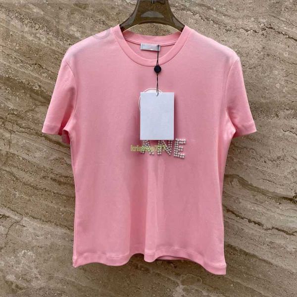 Damen-T-Shirt, Designer-Damen-T-Shirt aus 100 % Baumwolle, Tops mit Buchstaben, Perlenmuster, Mädchen, Vintage-Ernte, Marke, Jersey, Runway-Pullover, Oberbekleidung, QF26