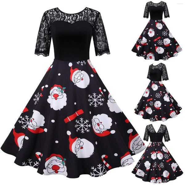 Partykleider 2023 Damen Weihnachtskleid Kurzarm Spitze Weihnachtsmann Drucken Hohe Taille Elegante Vintage Winter Weihnachtskleidung Übergröße