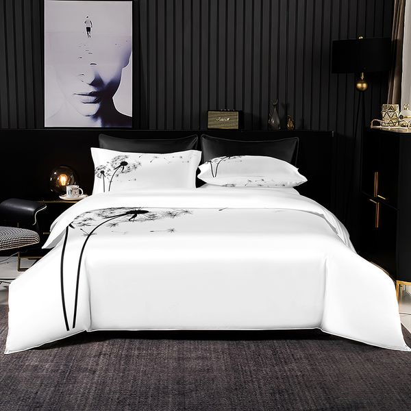 Conjuntos de roupa de cama conjunto branco elegante capa de edredom pintura dente de leão 264 x 228 com fronha para cama de casal queen king tamanho completo 230625