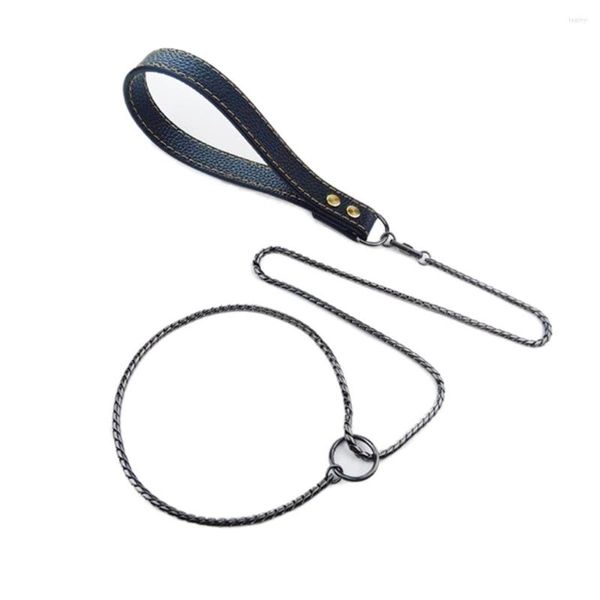 Hundehalsbänder 2in1 Edelstahl Metall Leine Slip Schlangenkette Würgehalsband Haustier Walking Training mit Ledergriff