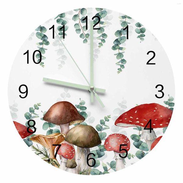 Relógios de Parede Cogumelo Eucalipto Planta Ponteiro Luminoso Relógio Enfeites para Casa Redondo Silencioso Sala de Estar Quarto Decoração de Escritório