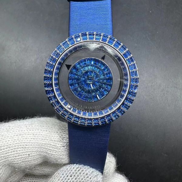 Orologio da uomo con diamanti New Iced, quadrante blu, cassa con diamanti, movimento al quarzo con cinturino in pelle da 37,5 mm