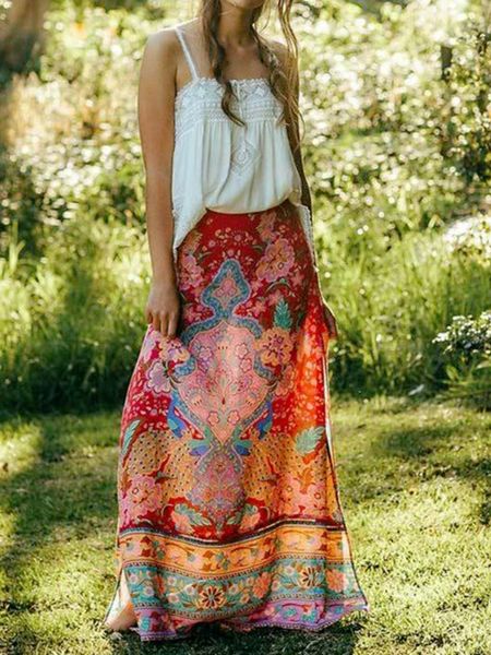 Юбки Happie Queens Женщины цветочные павлины при печати кисточка на пляже Bohemian Maxi Lady Elastic Taist