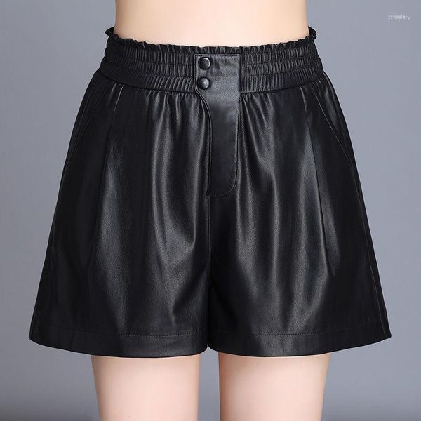 Frauen Shorts PU Leder Hosen Frauen 2023 Frühling Und Herbst Elastische Hohe Taille Breite Bein Außerhalb Tragen Stiefel