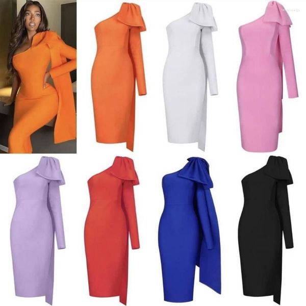 Casual Kleider Hohe Qualität Gelb Blau Orange Runway Bownot One Langarm Rayon Verband Kleid Cocktail Party Bodycon Vestidos