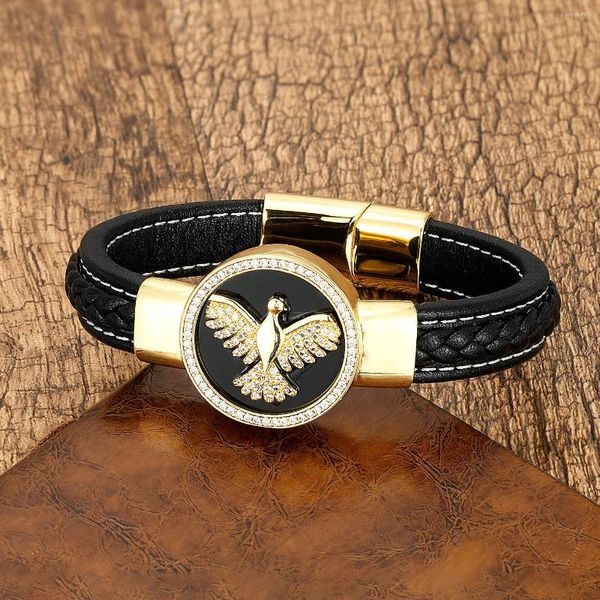 Charm Bracelets Luxury Zircon Eagle Animal Punk Design Men's Leather Rope Chain Bangles Round Natural Stone Jewelry For Man