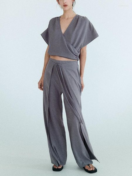 Zweiteilige Damen-Hosen, Wickelstil, lässiges Sommer-Set, Damen-Outfit, 2023, kurzärmliges Oberteil und geschichtete Krawatte mit weitem Bein, Sets Damen-Outfits