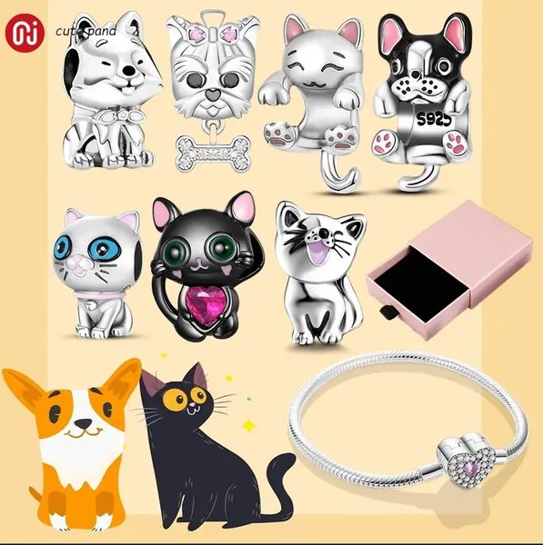 925 Серебряные бусины чары подходят для Pandora Charm Black Cat Pet Dog Set Paw Schnauzer Akita Pug Charm Set