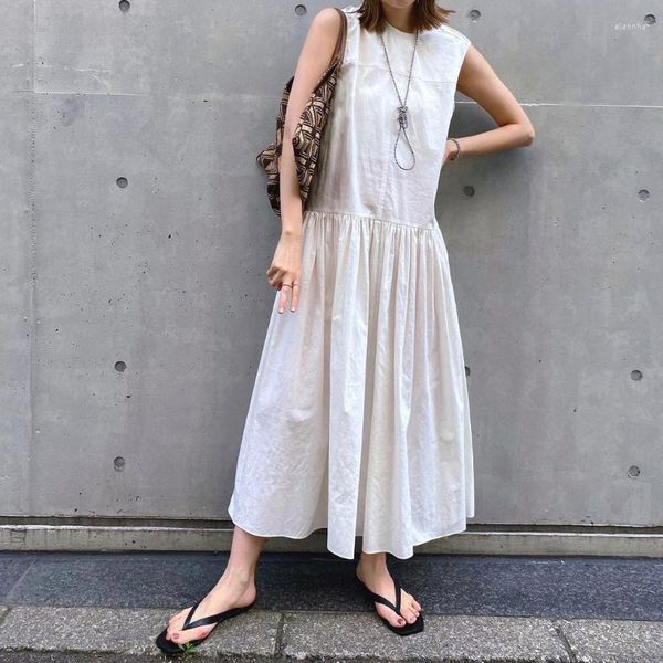 Günlük Elbiseler Kuzuwata 2023 Yaz Banliyö Vintage Robe Femme Gevşek Slim Fit Uzun Japon Buruşuk Kolsuz Sanat Vestidos