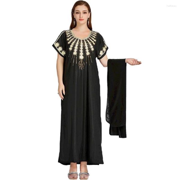 Abbigliamento etnico 2023 Summer Fashion Style Musulmano Donna O-Collo Manica corta Ricamo nero Abito lungo Abaya Maxi Abaya per