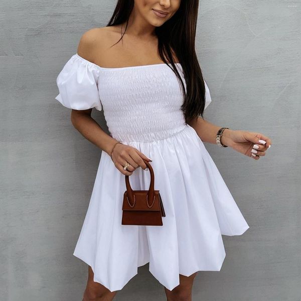 Vestidos de festa feminino elegante manga bufante branco mini vestido sexy ombro de fora sólido verão doce senhora cintura elástica praia