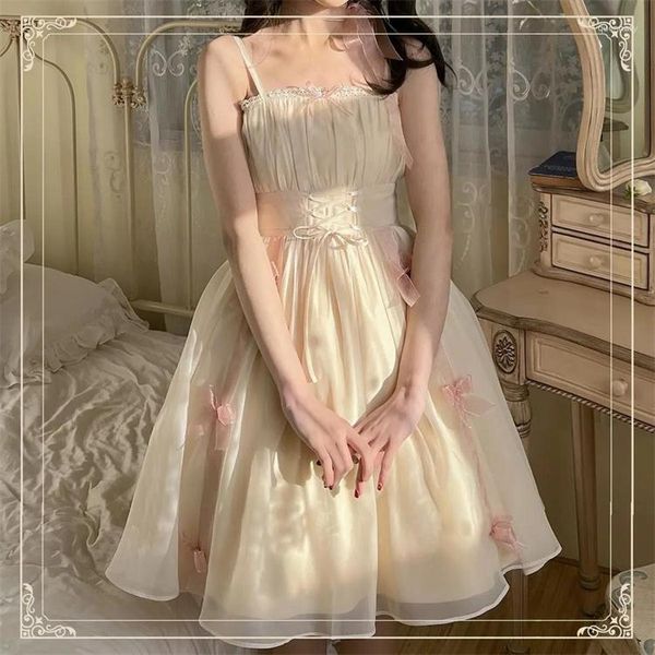 Lässige Kleider Damen Sommer Französisch Süßes Feenkleid Niedliche Lolita Schleife Kawaii Schlinge Für Frauen Japanischer Rosa Prinzessin Rock