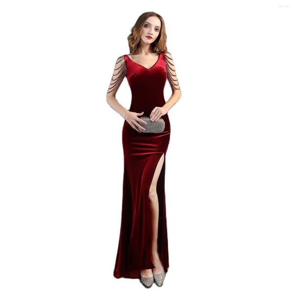 Casual Kleider Mode Frauen Luxus Kristall Quaste Tiefem V-ausschnitt Großen Schlitz Langes Kleid Sexy Dame Samt Rock Hochzeit Party kleidung Mädchen Geschenk