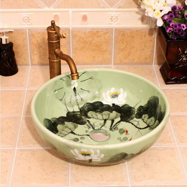 Orient chiaro loto Cina Pittura lavabo fatto a mano Vaso da bagno lavelli da appoggio lavabo artistico lavabo in ceramica Kebdi