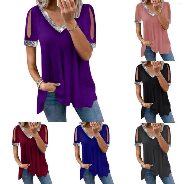 Blusas femininas camisas de lantejoulas para mulheres sexy ombro de fora decote em V cor sólida manga curta top de verão com bainha larga solta casual grande