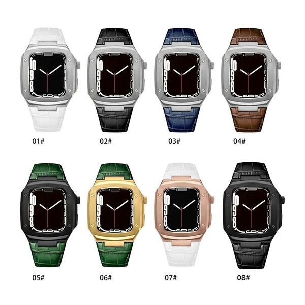Lüks Sapanlar Koruyucu Kılıf Mod Kiti Paslanmaz Çelik Kapak Kabuk Timsah Deri Kayış DIY Kılıfları Watchband Bilezik Bandı Apple Watch Serisi 4 5 6 7 8 45mm 44mm