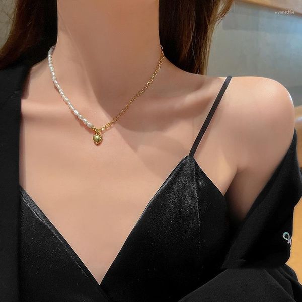 Halsketten LOVOACC Chic Unregelmäßige Süßwasser Perle Halsketten Für Frauen Asymmetrie Goldene Verbundene Kette Liebe Herz Anhänger Halskette Schmuck