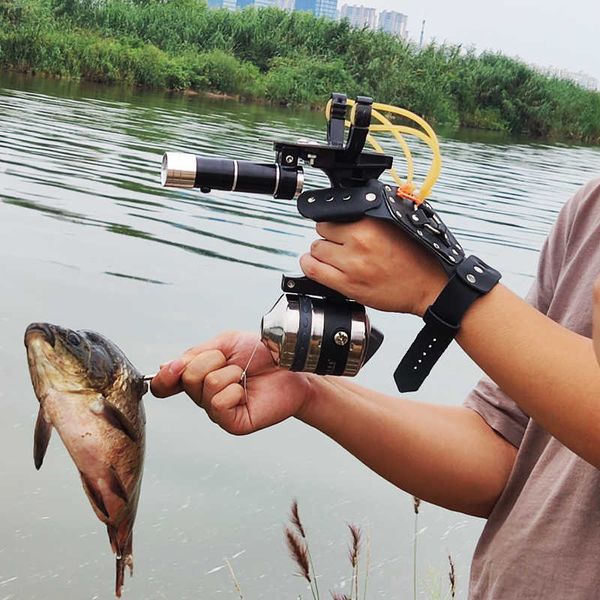 Conjunto de estilingue de pesca profissional arco flecha com molinete de pesca e catapulta de dardos usado para jogos de tiro de caça esportiva ao ar livreHKD230626