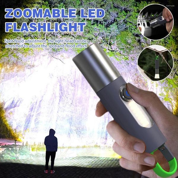 Lanternas Tochas USB recarregáveis de alto lúmens Zoomable LED com luz lateral COB 4 modos Holofote tocha para acampamento ao ar livre