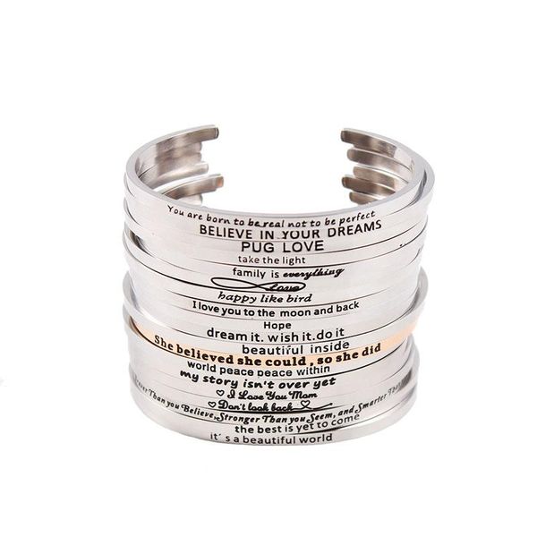 Braccialetti 20 pz/lotto All'ingrosso Citazioni Ispiratrici Positive Polsino Fatto A Mano Mantra Bracciale In Acciaio Inox Braccialetti Inciso Per Le Donne Regalo