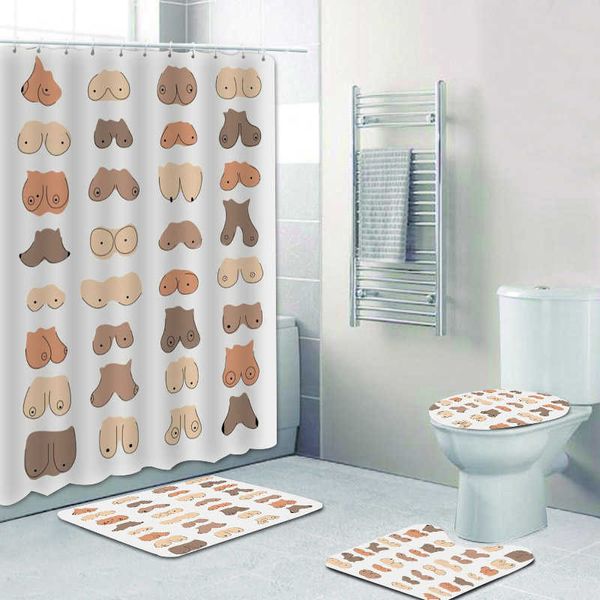 Duş Perdeleri Minimalist Göğüsler Sanat Komik Karikatür Göğüsler Duş Perdesi ve Kilim Banyo Perdeleri için Set Tuvalet Mat Halı Kadın Ev Dekor HediyeHKD230626