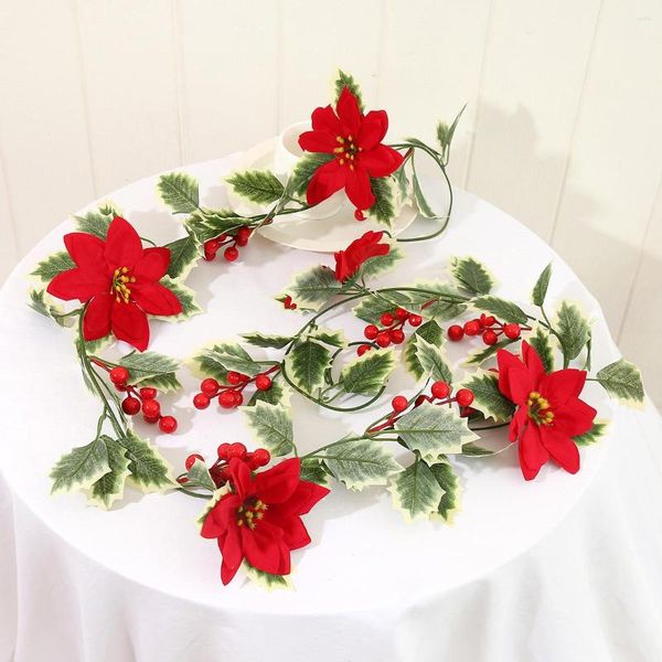 Flores decorativas 2m artificial baga de natal videira e flor vermelha rattan faça você mesmo guirlanda coroa de flores enfeite de árvore de natal pendurado decoração de casa