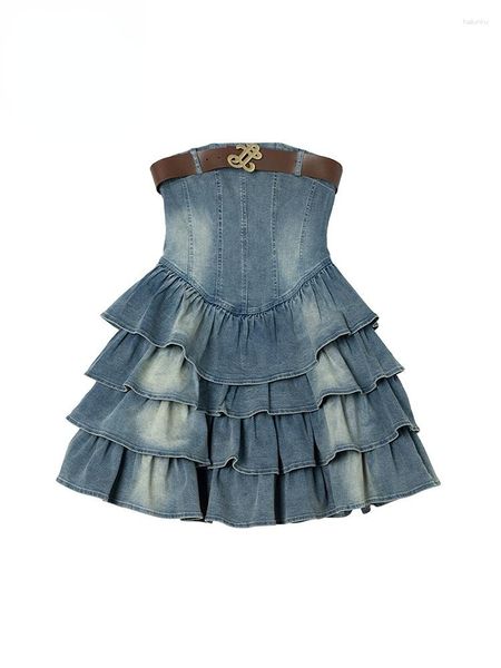 Lässige Kleider Sommer Frauen Vintage ärmelloses Jeanskleid A-Linie Frocks Rüschendesign 2000er Jahre ästhetische rückenfreie koreanische Modeparty Y2k