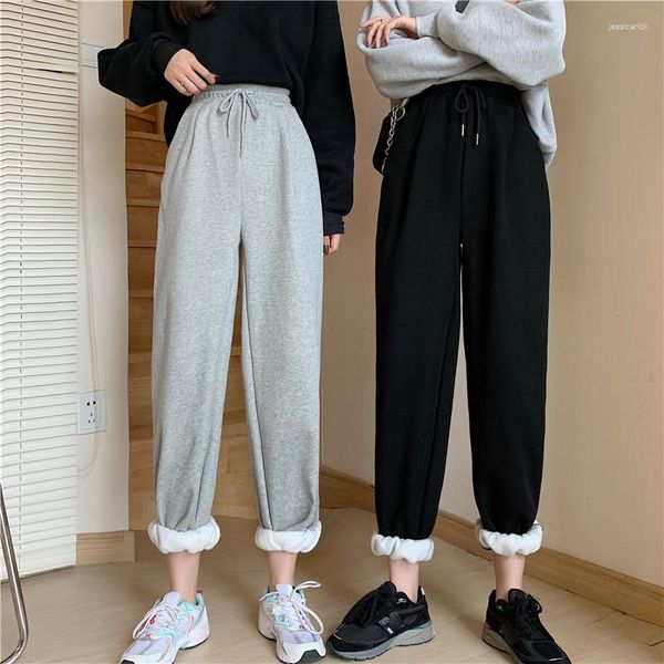 Calça feminina de moletom cinza para mulheres 2023 outono inverno folgada moda forrada de lã preta calças de corrida femininas streetwear x36