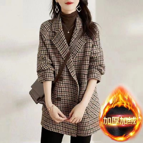 QNPQYX Novo Vintage Houndstooth Feminino Blazer de Lã Duplo Seios Xadrez Jaqueta Feminina Moda Casaco Coreano Solto Blaser Casaco