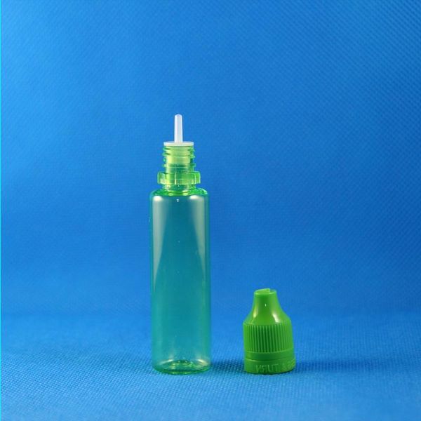 Ausverkauf! 100 Sätze/Lot 25 ml UNICORN GREEN PET-Kunststoff-Tropfflaschen, kindersicher, manipulationssicher, lange, dünne Spitze, für E-Liquid-Dampf, 2 PSP