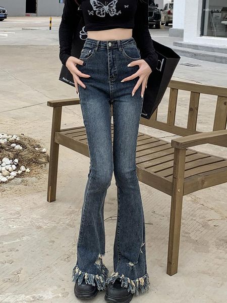 Frauen Jeans Quaste Ripped Ausgestelltes Frau Hohe Taille Schlank Persönlichkeit Casual Weibliche Boot Cut Hosen Mujer Mode Denim Hosen