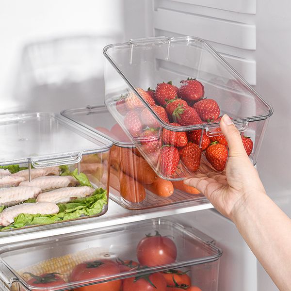 Bottiglie di stoccaggio Barattoli Frigo Organizer Bin Contenitore frigorifero impilabile Contenitori per alimenti in plastica trasparente Cucina dispensa 230625