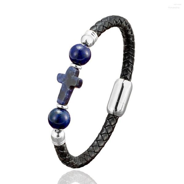 Braccialetti con ciondoli YISHUCHA Braccialetto a forma di croce in pietra naturale retrò Personalità Braccialetti magnetici in acciaio inossidabile fatti a mano in pelle nera